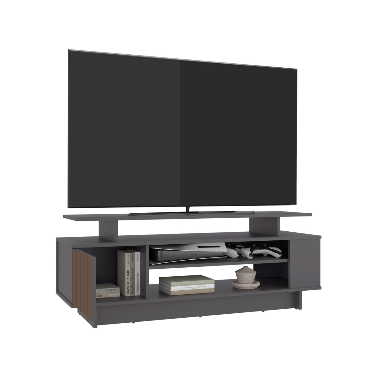 Rack de TV Bowie Plomo y Ocaso 130.2x46.1cm Para TV Hasta 55 Pulgadas con Tres Compartimientos y con Ranura para Cables