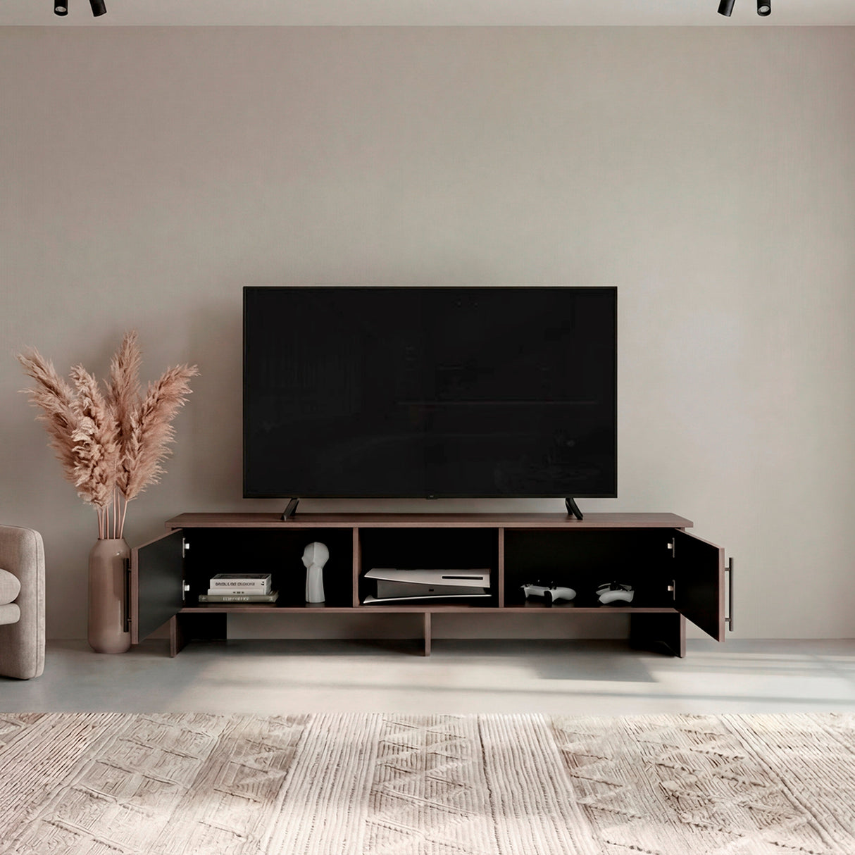 Rack de TV Dago Avellana y Wengue 160x41.8cm Para TV Hasta 65 Pulgadas con Un Compartimiento