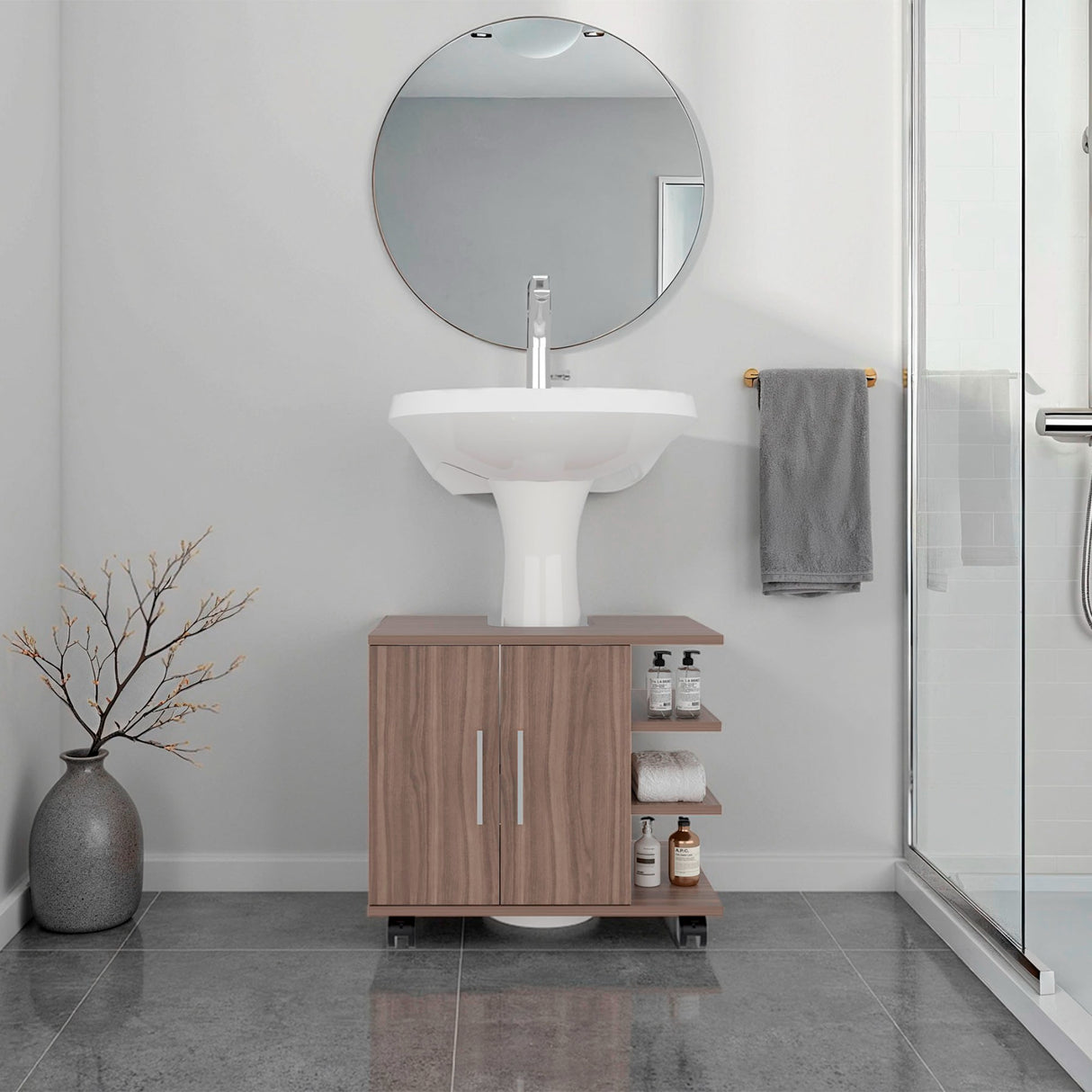 Mueble para Lavamanos Bath Avellana 55x50cm Individual sin Lavamanos con Una Puerta y con Ruedas
