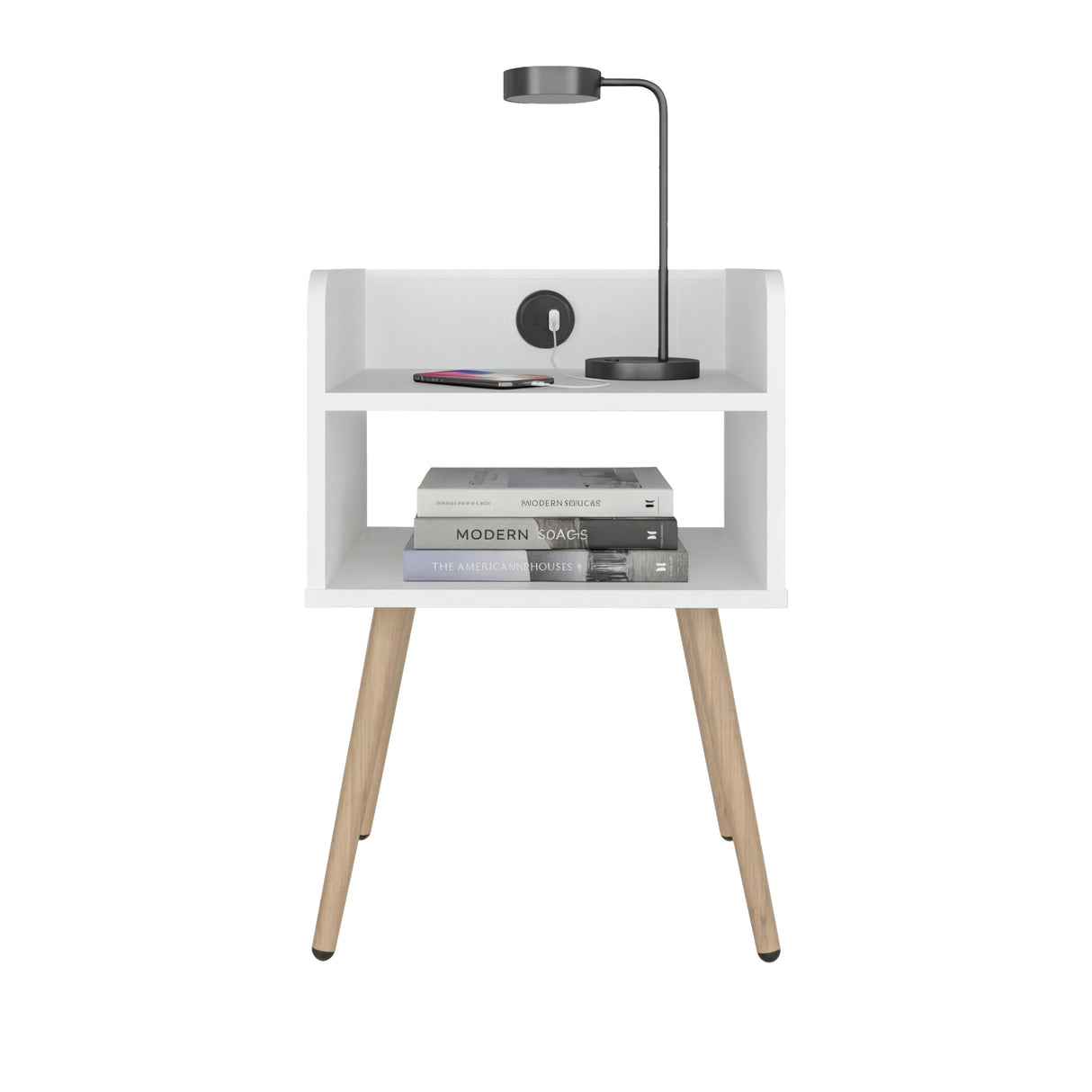 Mesa de Noche Didi Blanco 40x58cm con Un Compartimiento y con Conector de Carga USB