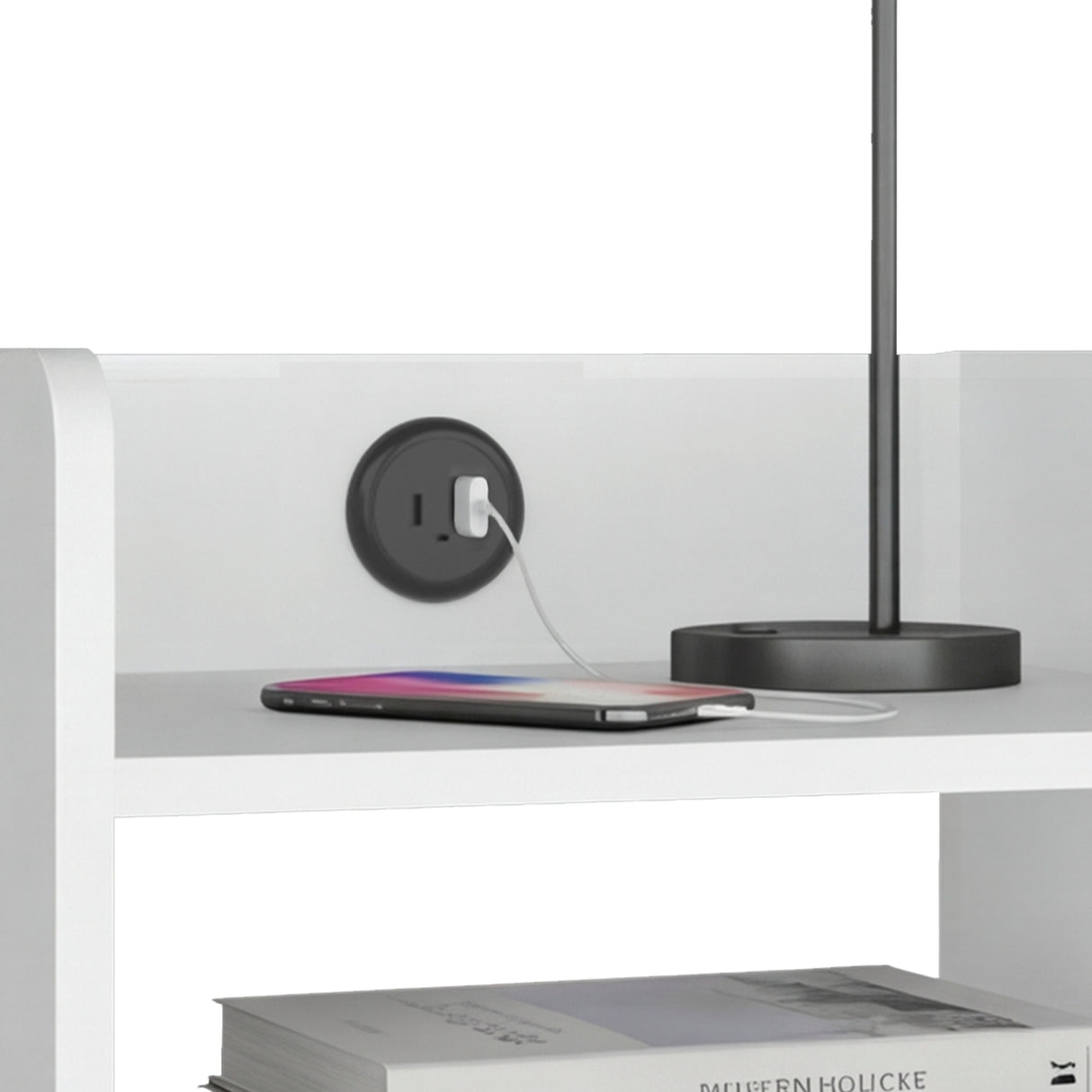 Mesa de Noche Didi Blanco 40x58cm con Un Compartimiento y con Conector de Carga USB