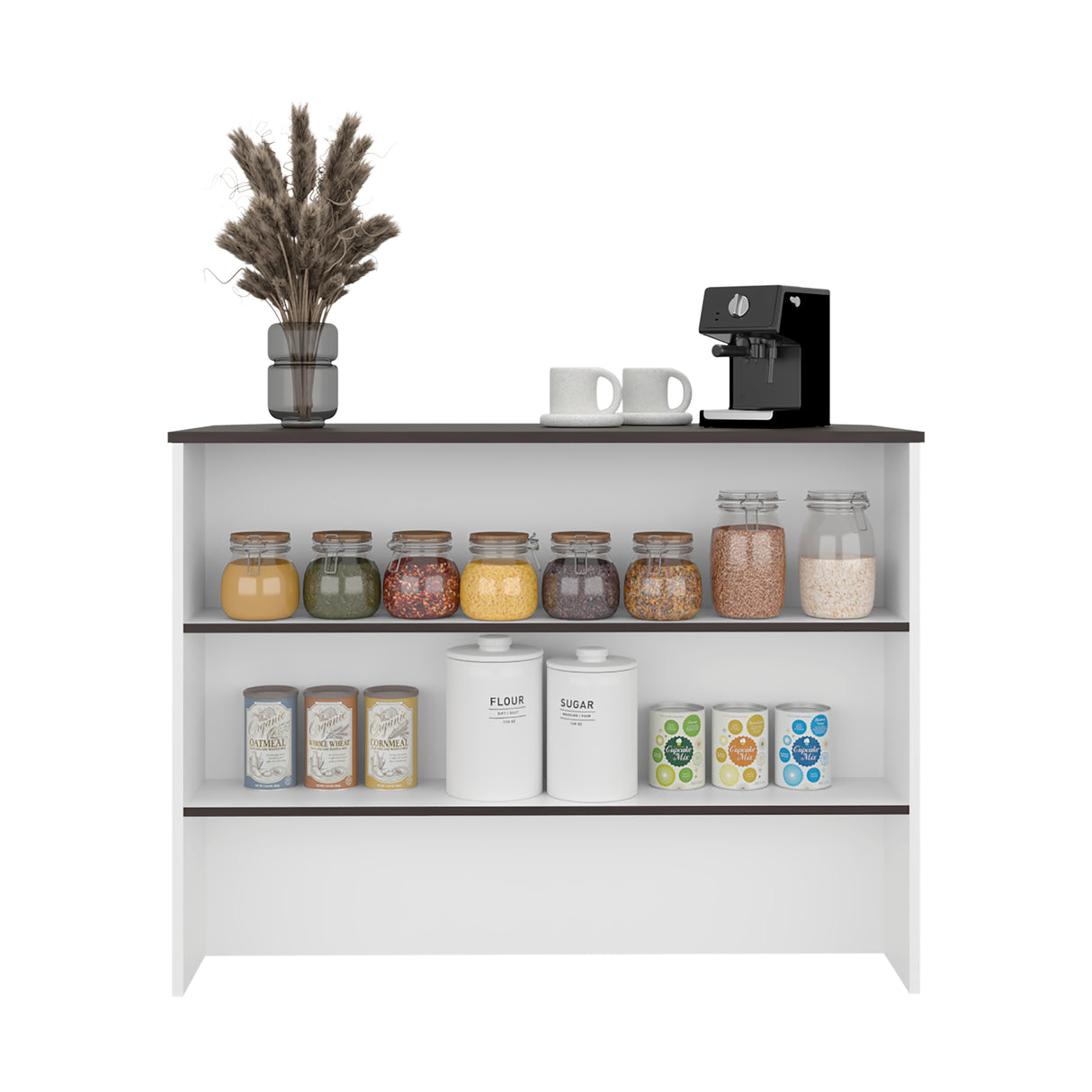 Isla de Cocina Fendi Blanco y Wengue 120x90cm con Dos Compartimientos y Dos Entrepaños