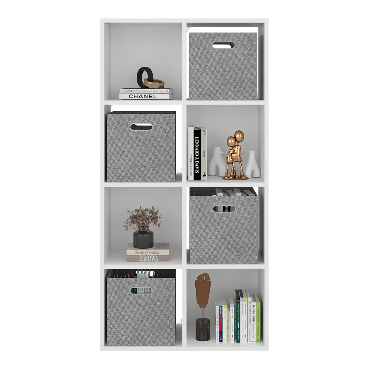 Biblioteca Lena Blanco 61.7x122.1cm Rectangular con Ocho Compartimientos y con Cuatro Cajas de Tela