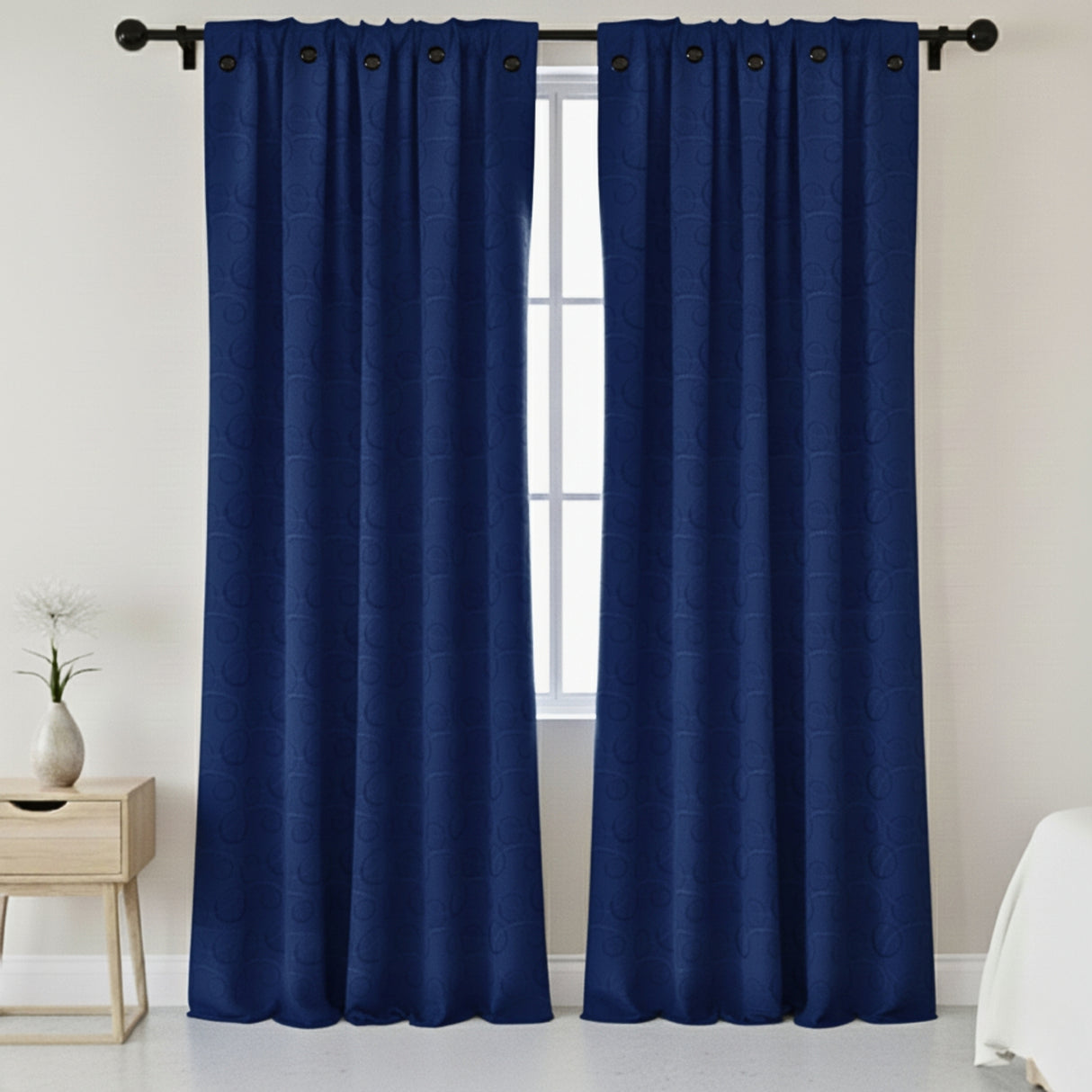Cortina Jacquard Azul Oscuro 270x215cm Doble Faz de Simbolos Geometricos