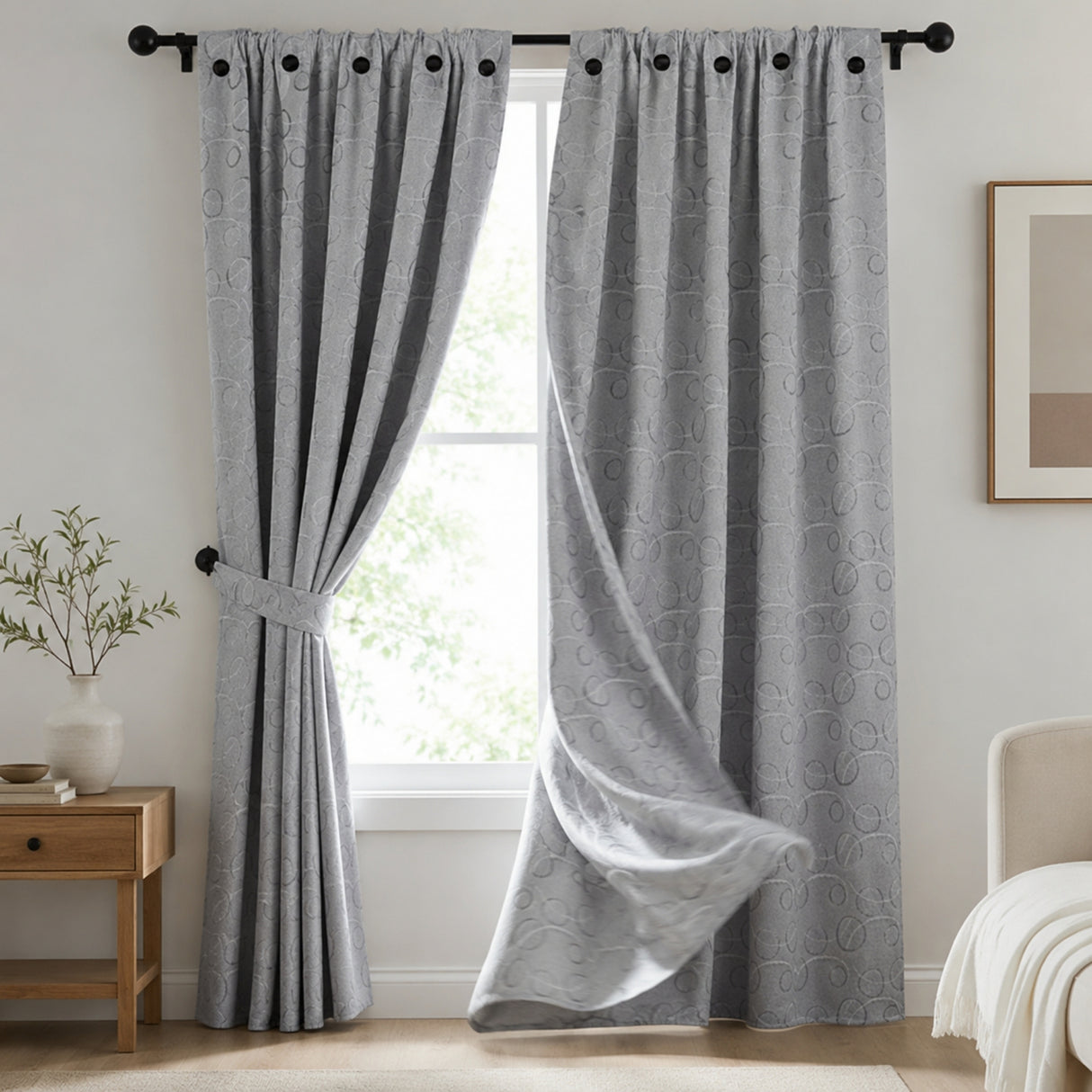 Cortina Jacquard Tradicional Gris Claro 270x215cm Doble Faz de Simbolos Geometricos