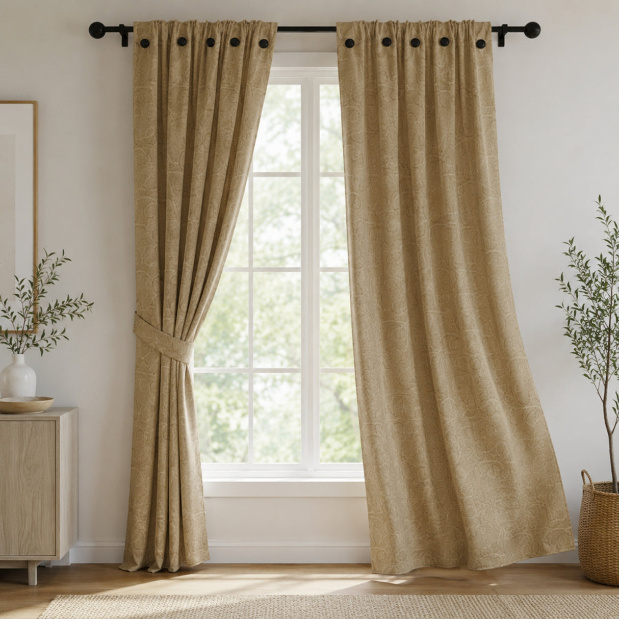 Cortina Jacquard Tradicional Beige Oscuro 270x215cm Doble Faz de Simbolos Geometricos