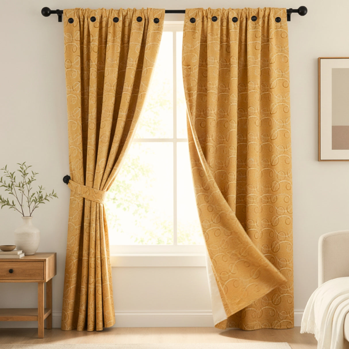 Cortina Jacquard Tradicional Dorado 270x215cm Doble Faz de Simbolos Geometricos
