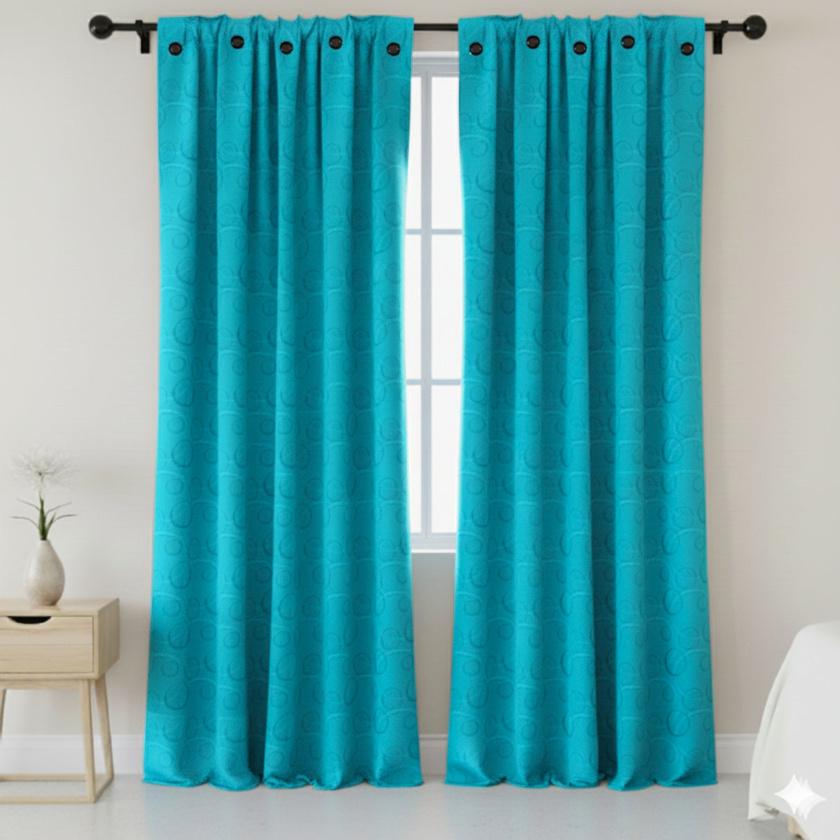 Cortina Jacquard Tradicional Turquesa 270x215cm Doble Faz de Simbolos Geometricos
