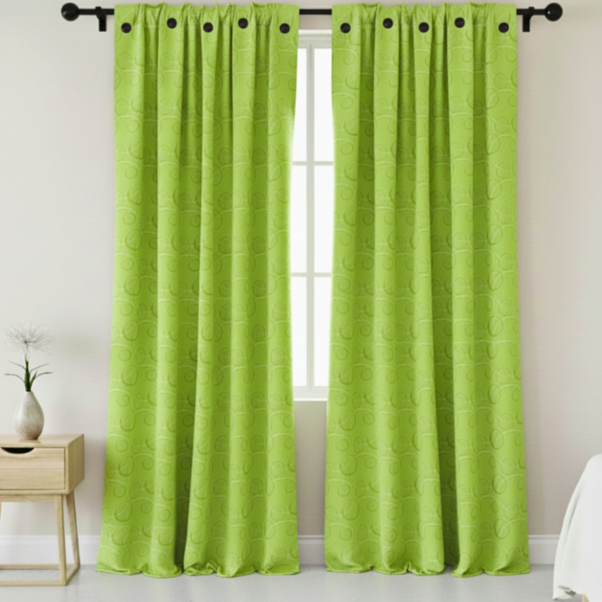 Cortina Jacquard Tradicional Verde Limón 270x215cm Doble Faz de Simbolos Geometricos