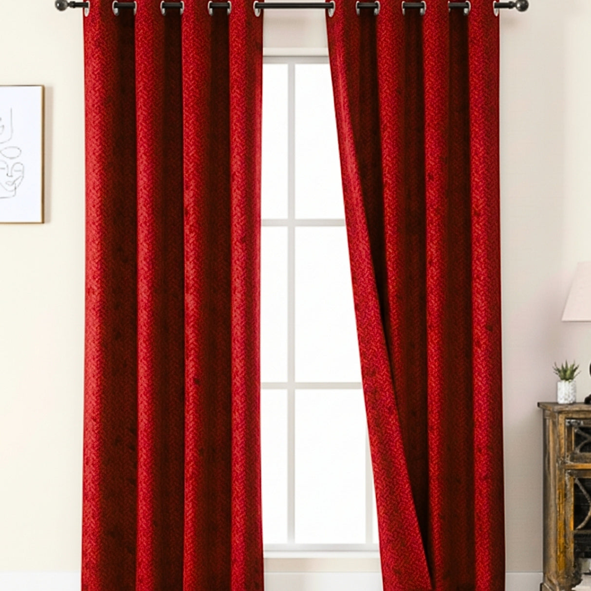 Cortina Jacquard Tradicional Premium Rojo 270x200cm Acústica de Figuras Geometricas