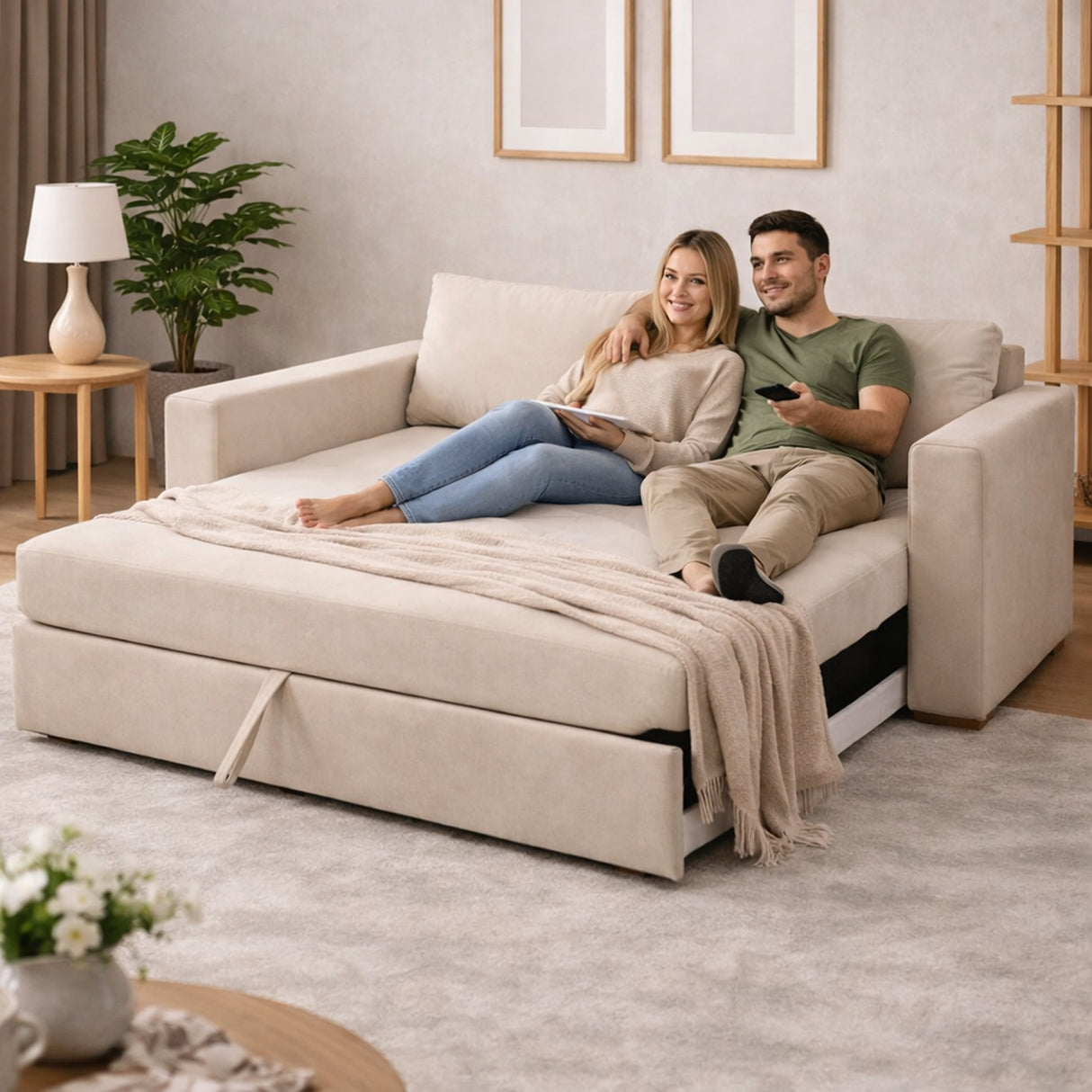 Sala Beige y Blanco 174x92cm con Un Sofá Cama Un Puff y Una Mesa de Centro