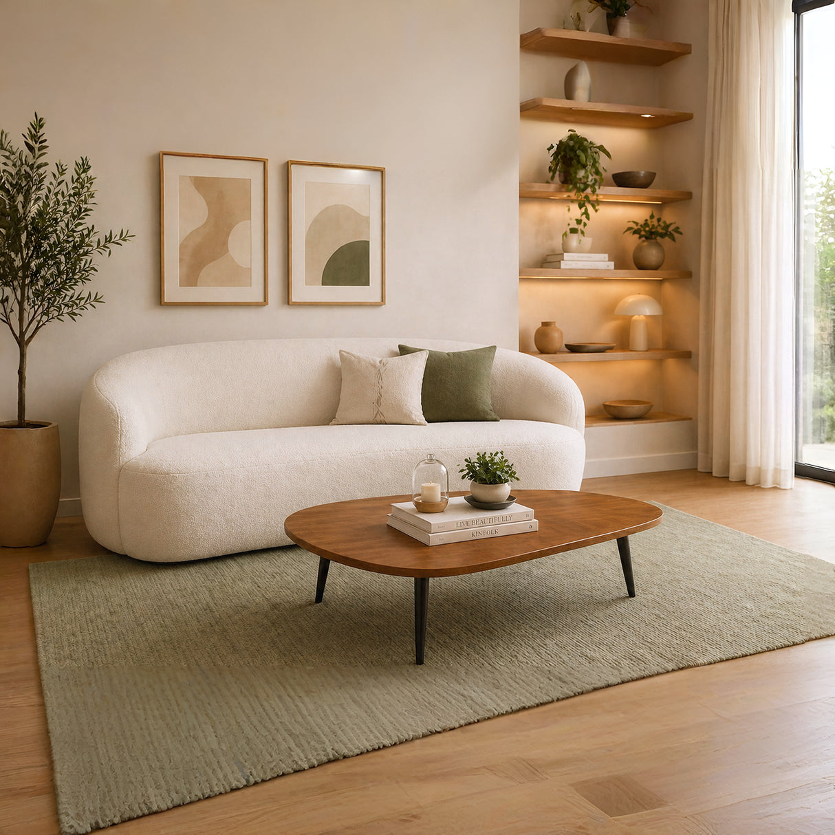 Sala Boom Ovejo Almendra y Amaretto 170x72cm con Un Sofá y Una Mesa de Centro