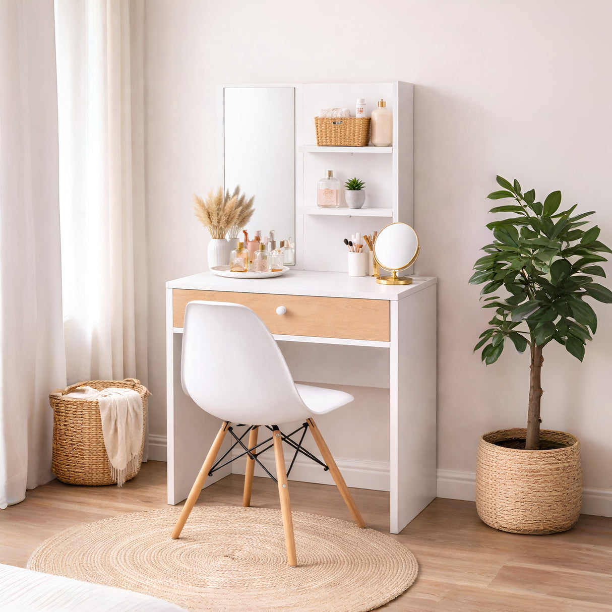 Combo Tocador Touluse Blanco y Madera Clara 140x40cm con Espejo y con Una Silla Blanca