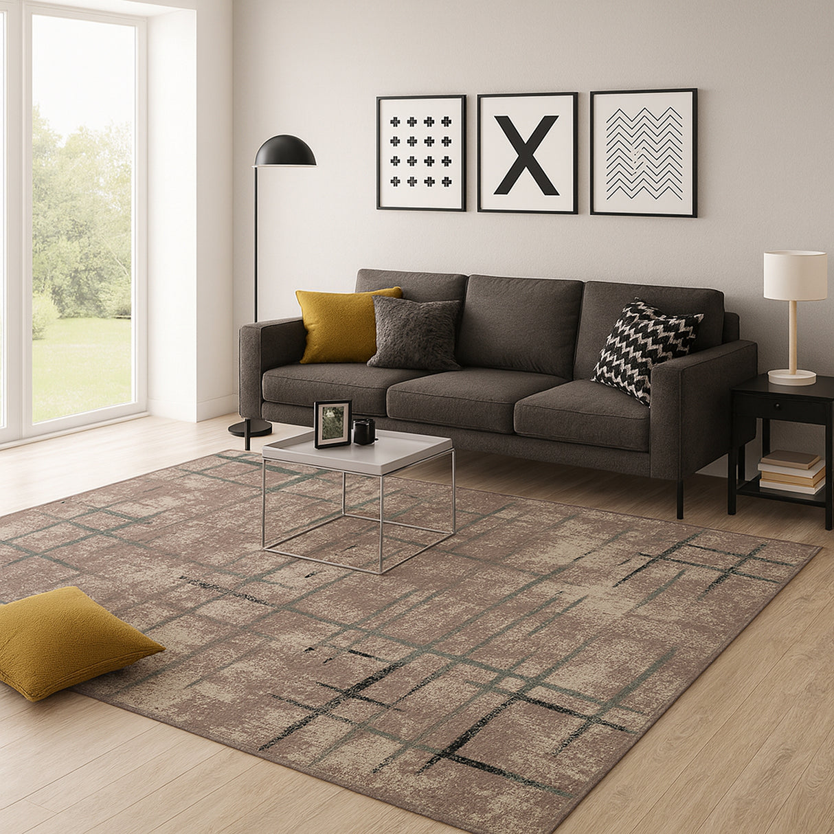 Alfombra Milton Beige Oscuro 150x100cm Rectangular Suave para Sala De Estar de Lineas