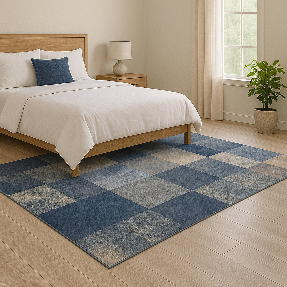 Alfombra Florida Azul y Beige 200x150cm Rectangular Suave para Dormitorio de Cuadros Y Rectangulos