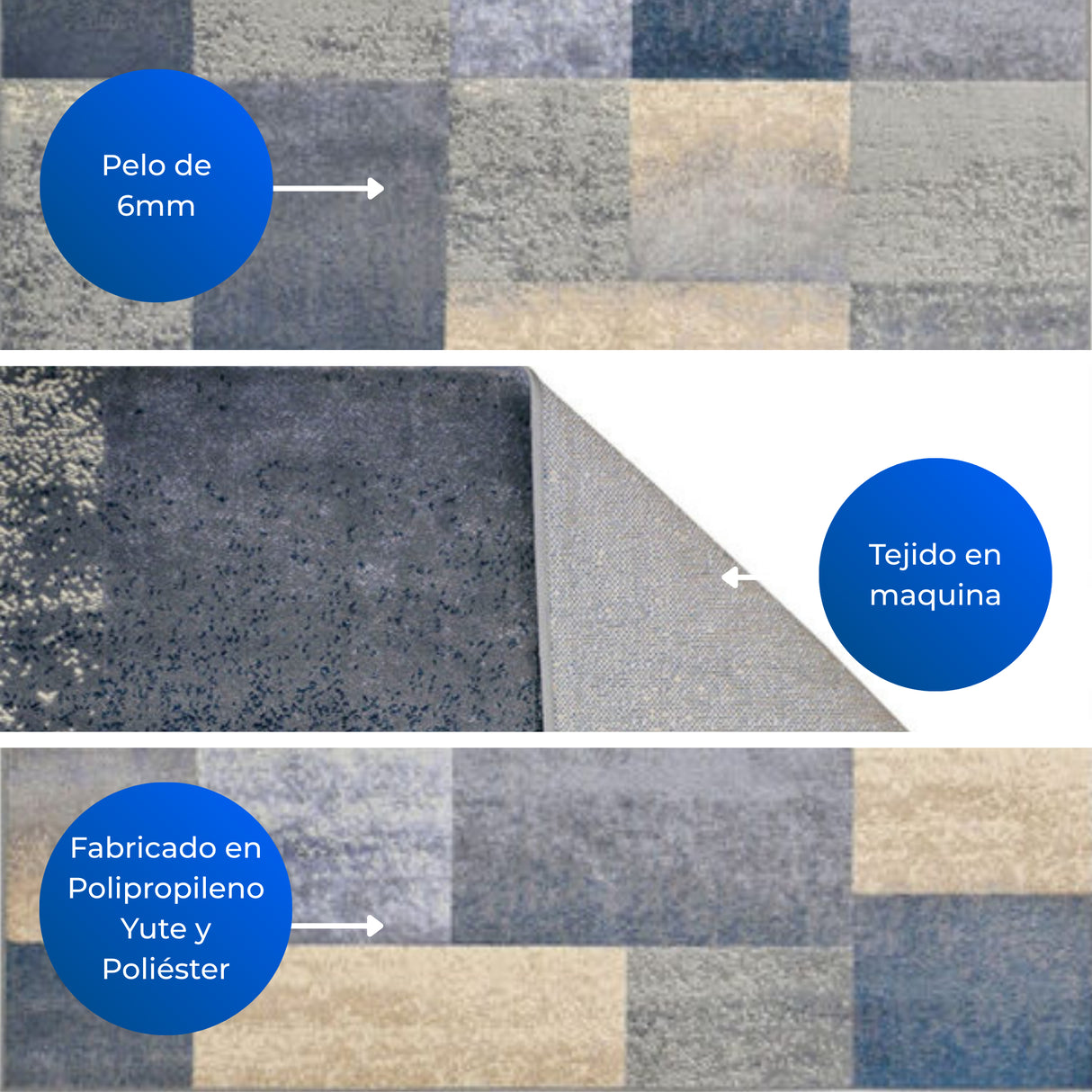 Alfombra Florida Azul y Beige 200x150cm Rectangular Suave para Dormitorio de Cuadros Y Rectangulos