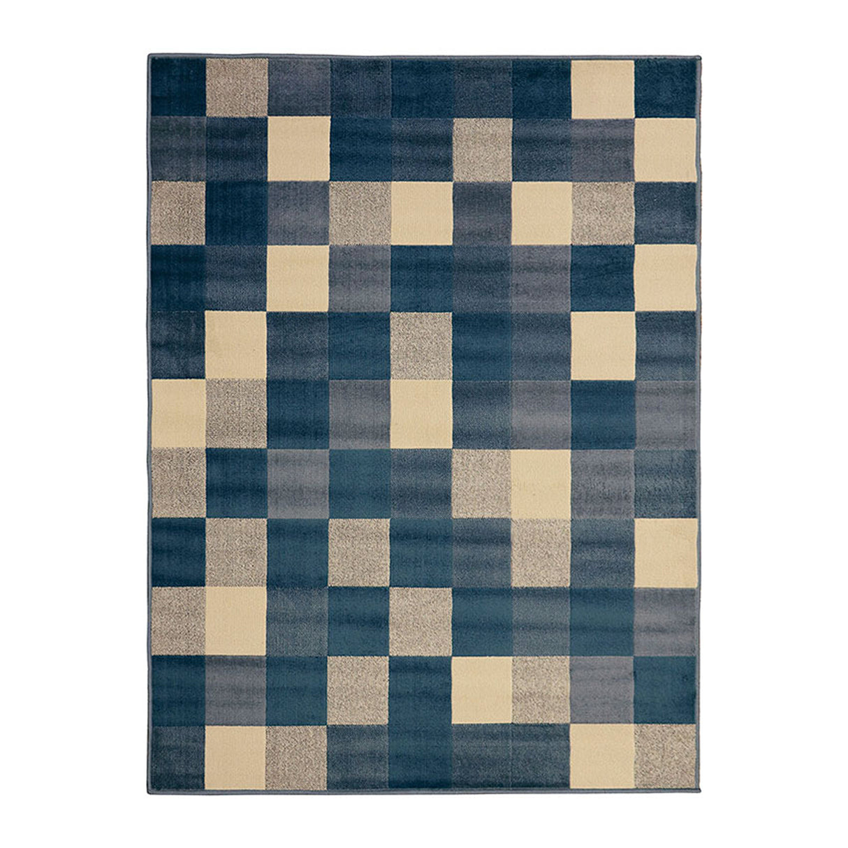 Alfombra Florida Azul Oscuro y Beige 200x150cm Rectangular Suave para Sala De Estar de Cuadros Y Rectangulos