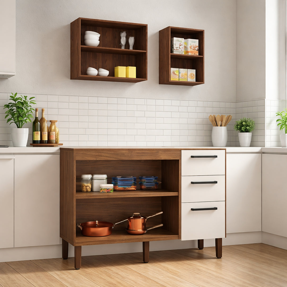 Cocina Modular Canna Café y Blanco 120X144.5cm sin Mesón y sin Pozuelo