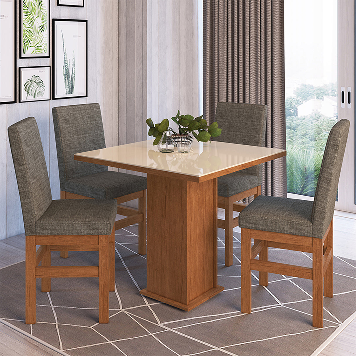 Comedor Fabre Almendra 90x78cm Cuadrado de Cuatro Puestos con Cuatro Sillas