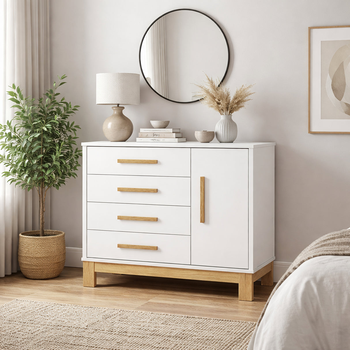 Cómoda Slim Blanco y Almendra 94x84cm de Cuatro Hileras con Cuatro Cajones