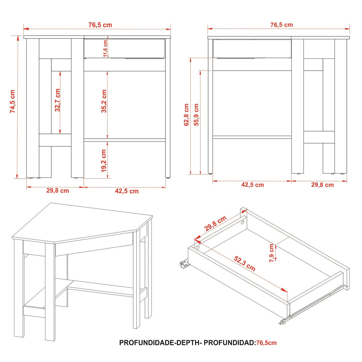 Escritorio Esquinero Dallas Nogal 76.5x74.5cm con Un Cajón y con Organizador de Libros