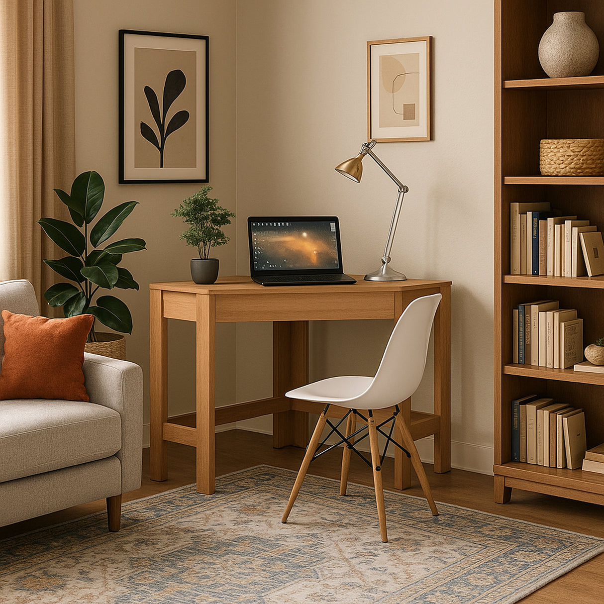 Escritorio Esquinero Dallas Almendra 76.5x74.5cm con Un Cajón y con Organizador de Libros