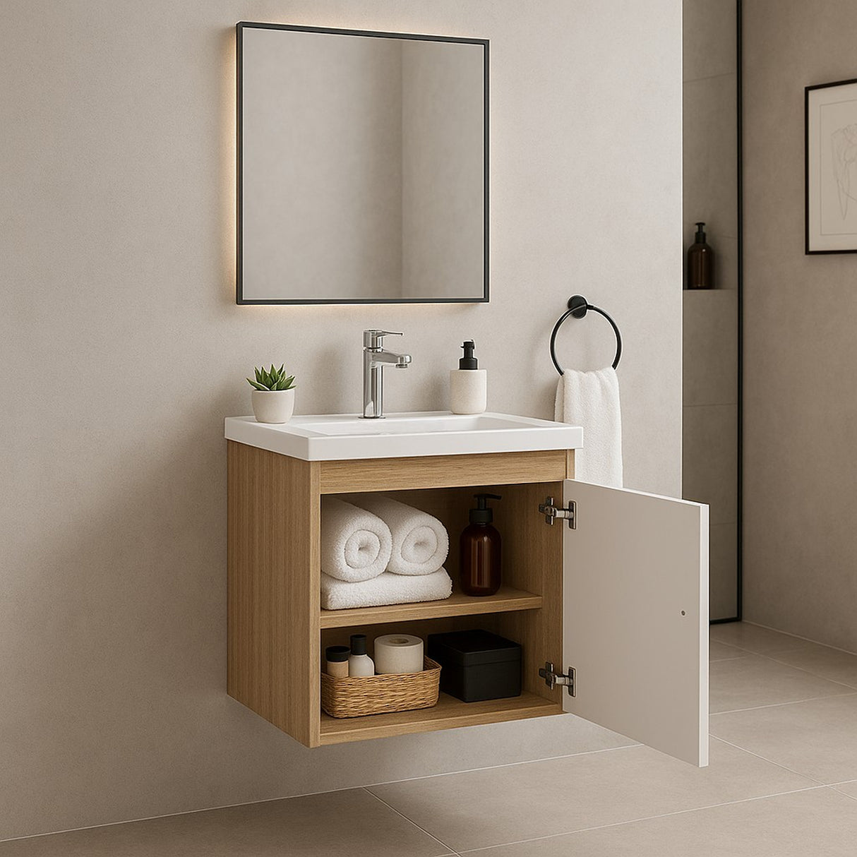 Mueble para Lavamanos Linz Almendra y Blanco 44.3x45cm Individual Flotante con Lavamanos Integrado