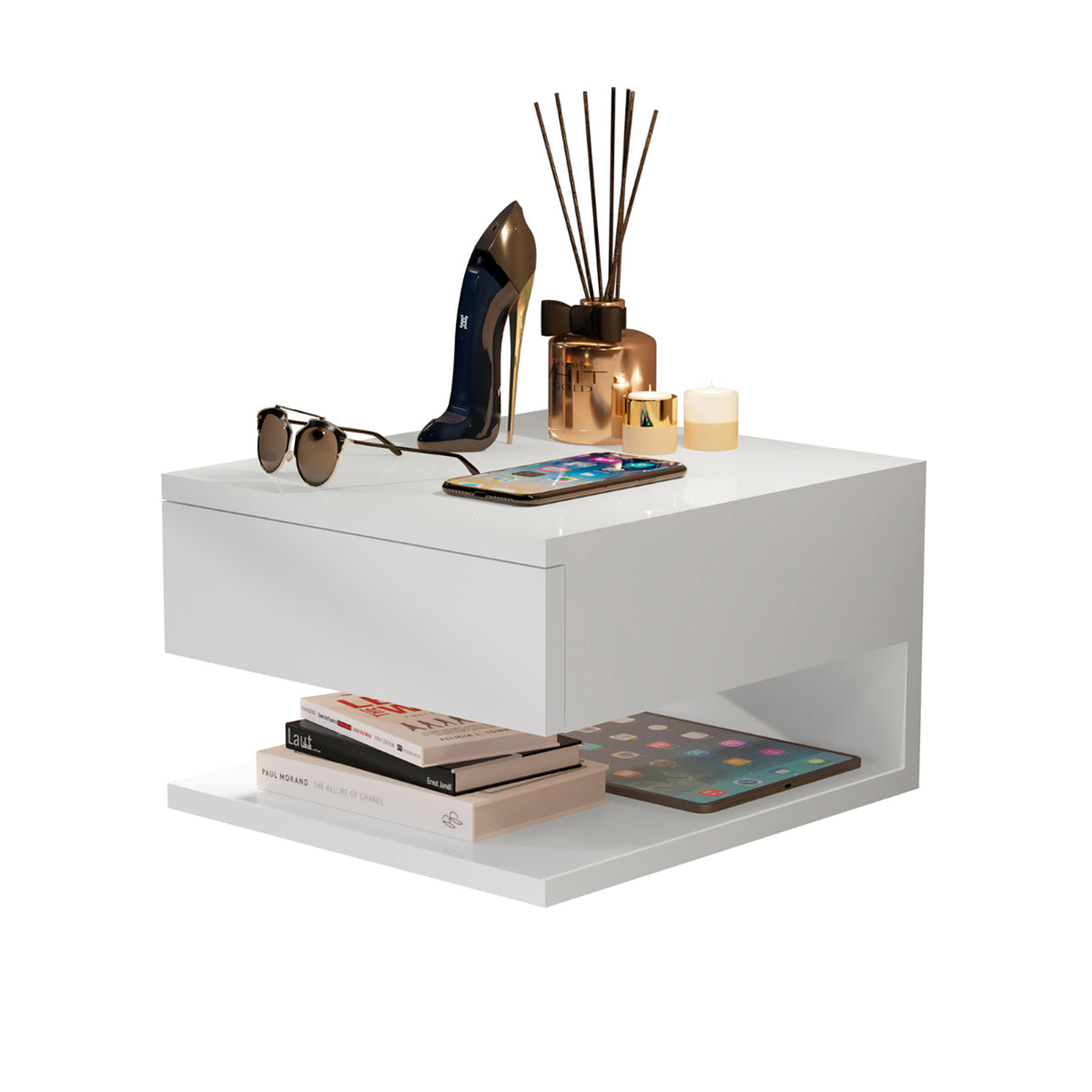 Mesa de noche Flotante Roma Blanco 30x20cm con Un Cajón y con Un Compartimiento