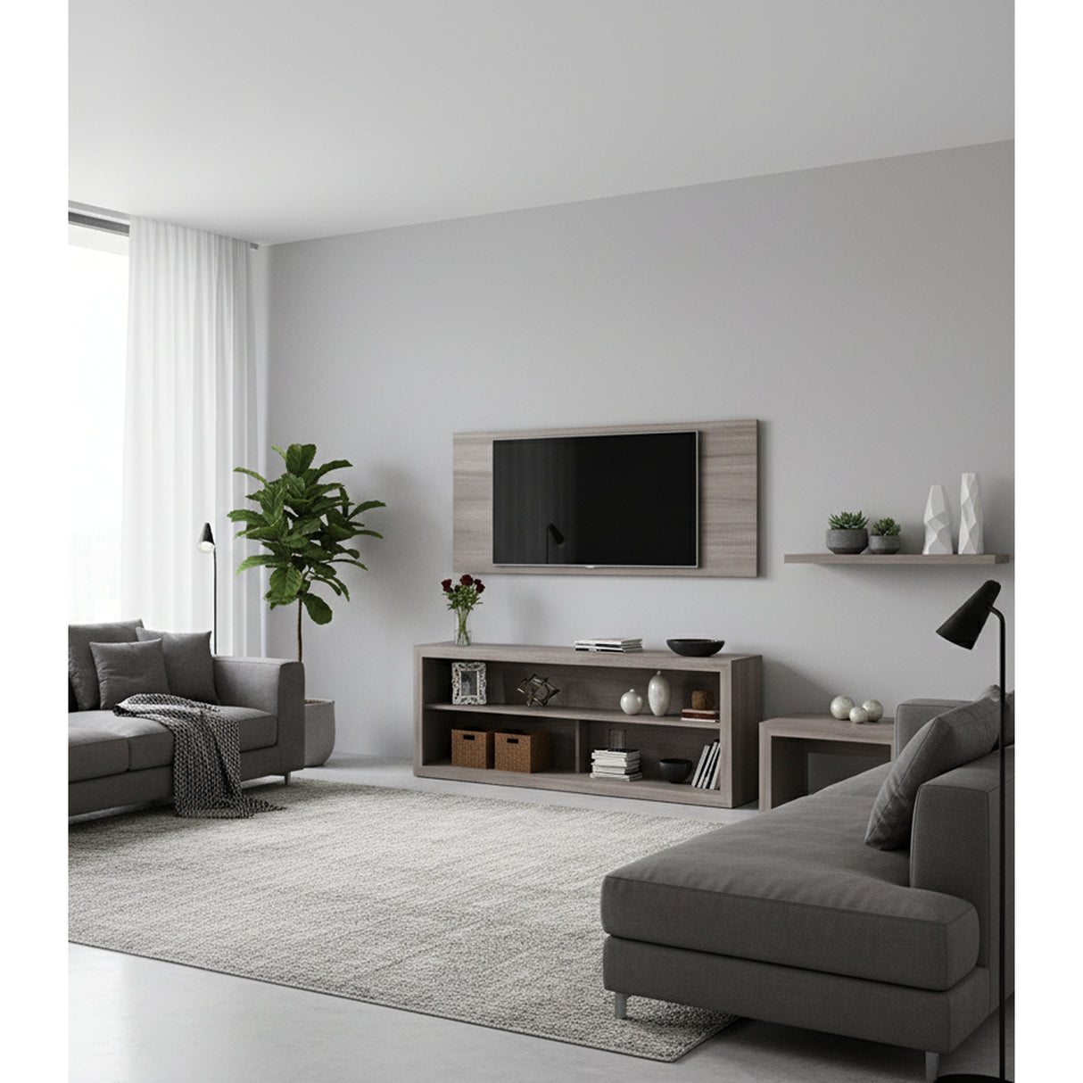 Combo Panel de TV Living Gris 136x60cm para TV Hasta 42" Pulgadas con Tres Compartimientos