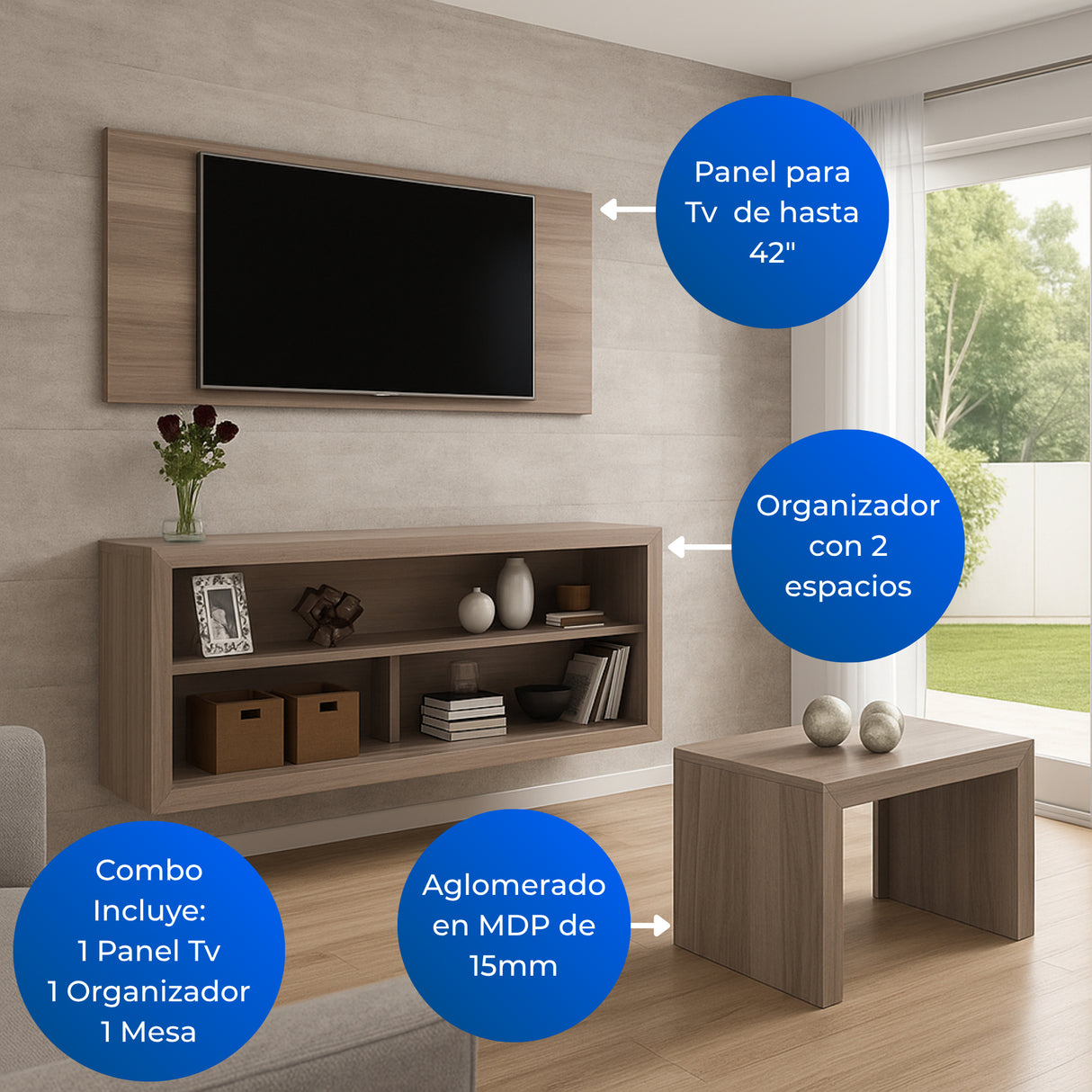 Combo Panel de TV Living Gris 136x60cm para TV Hasta 42" Pulgadas con Tres Compartimientos