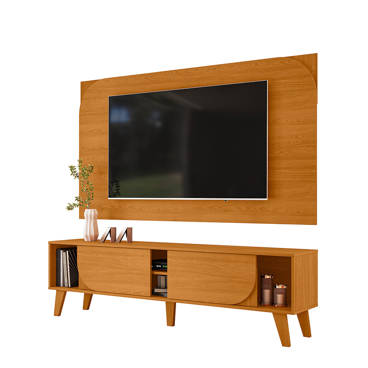 Combo Mueble y Panel de TV Juna Canela 182x98.5cm para TV Hasta 65" Pulgadas con Dos Compartimientos y con Dos Cajones