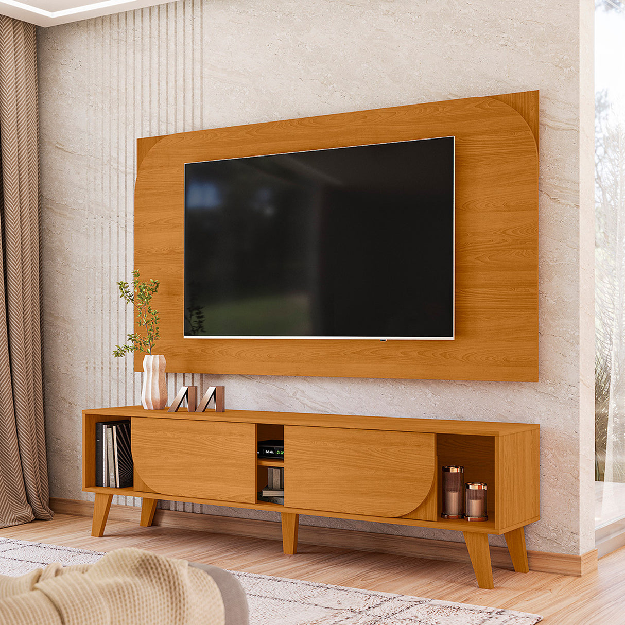 Combo Mueble y Panel de TV Juna Canela 182x98.5cm para TV Hasta 65" Pulgadas con Dos Compartimientos y con Dos Cajones
