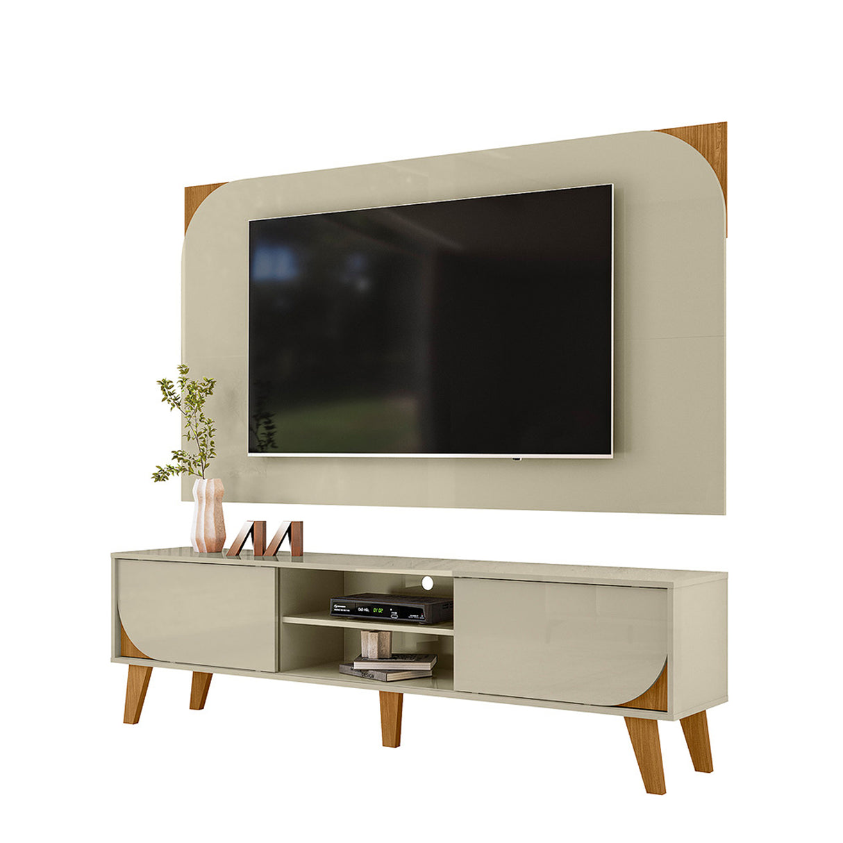 Combo Mueble y Panel de TV Juna Almendra y Blanco 182x98.5cm para TV Hasta 65" Pulgadas con Dos Compartimientos y con Dos Cajones