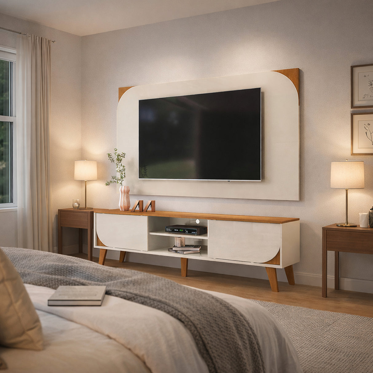 Combo Mueble y Panel de TV Juna Canela y Blanco 182x98.5cm para TV Hasta 65" Pulgadas con Dos Compartimientos y con Dos Cajones