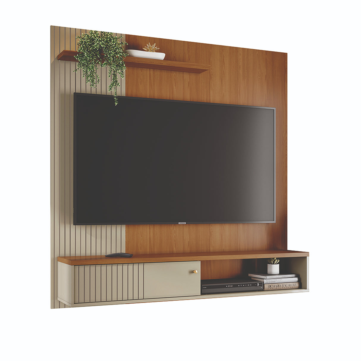 Panel de TV Aura Almendra y Blanco 160.5x162cm para TV Hasta 65" Pulgadas con Dos Compartimientos
