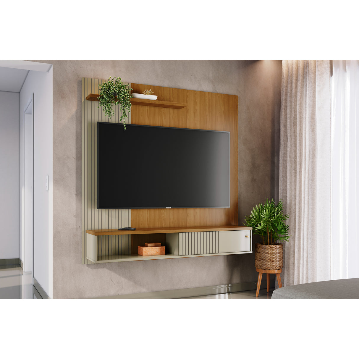 Panel de TV Aura Almendra y Blanco 160.5x162cm para TV Hasta 65" Pulgadas con Dos Compartimientos