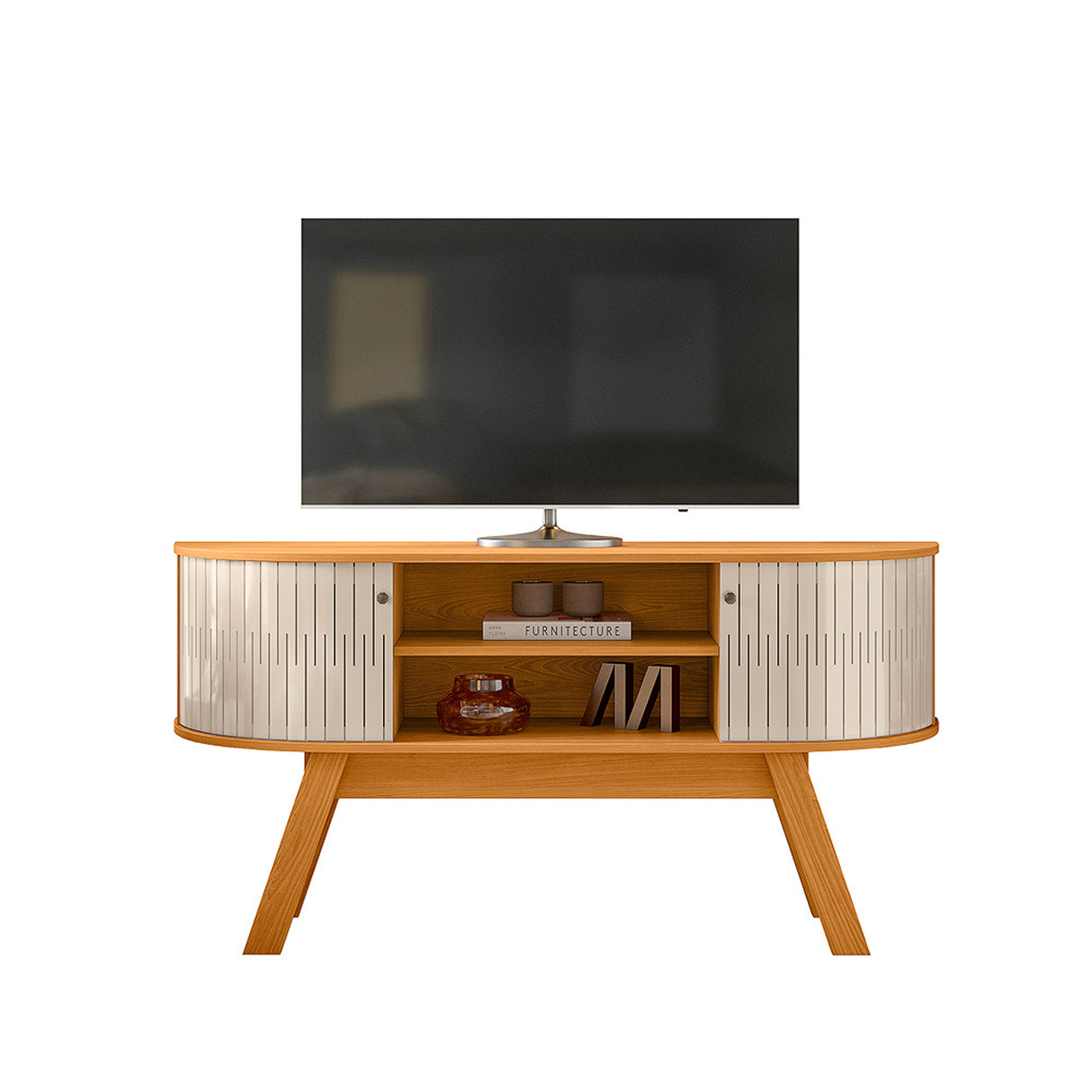 Mesa para TV Atlas Canela y Blanco 136x68cm para TV Hasta 55" Pulgadas con Dos Compartimientos y con Dos Cajones