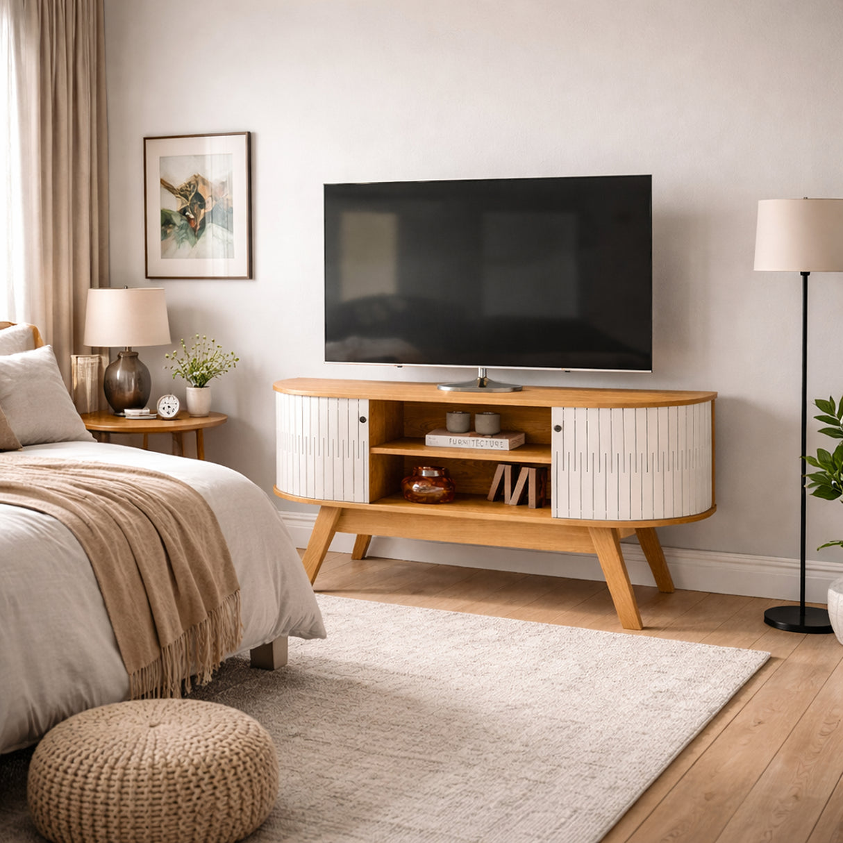 Mesa para TV Atlas Canela y Blanco 136x68cm para TV Hasta 55" Pulgadas con Dos Compartimientos y con Dos Cajones