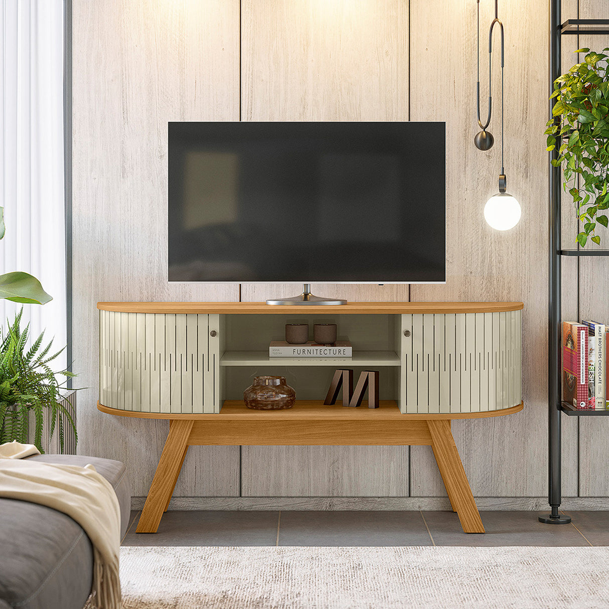 Mesa para TV Atlas Almendra y Blanco 136x68cm para TV Hasta 55" Pulgadas con Dos Compartimientos y con Dos Cajones