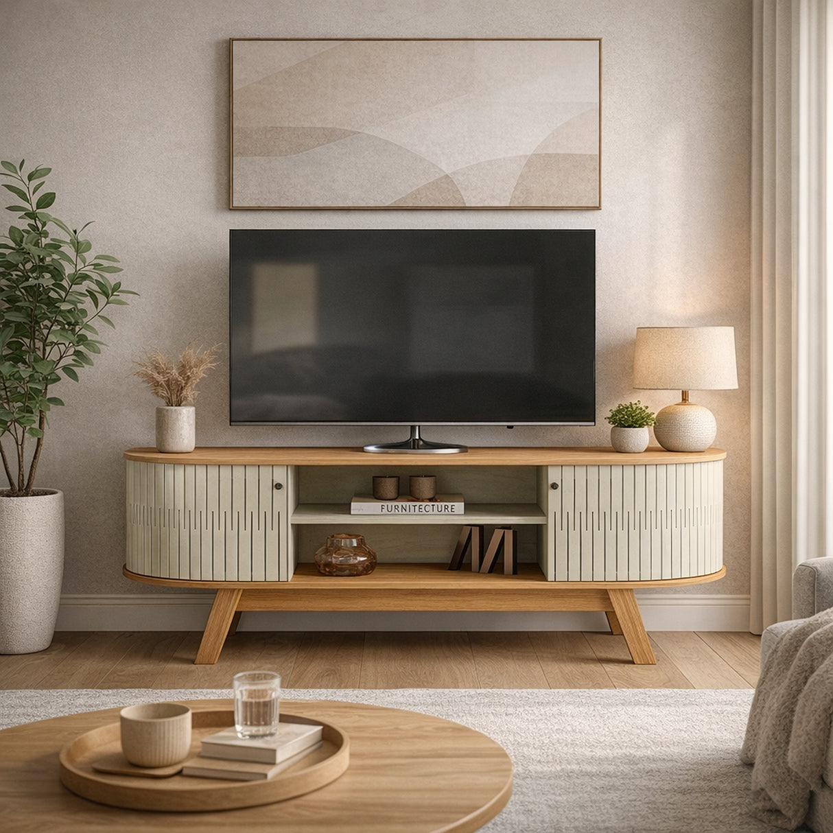 Mesa para TV Atlas Almendra y Blanco 136x68cm para TV Hasta 55" Pulgadas con Dos Compartimientos y con Dos Cajones