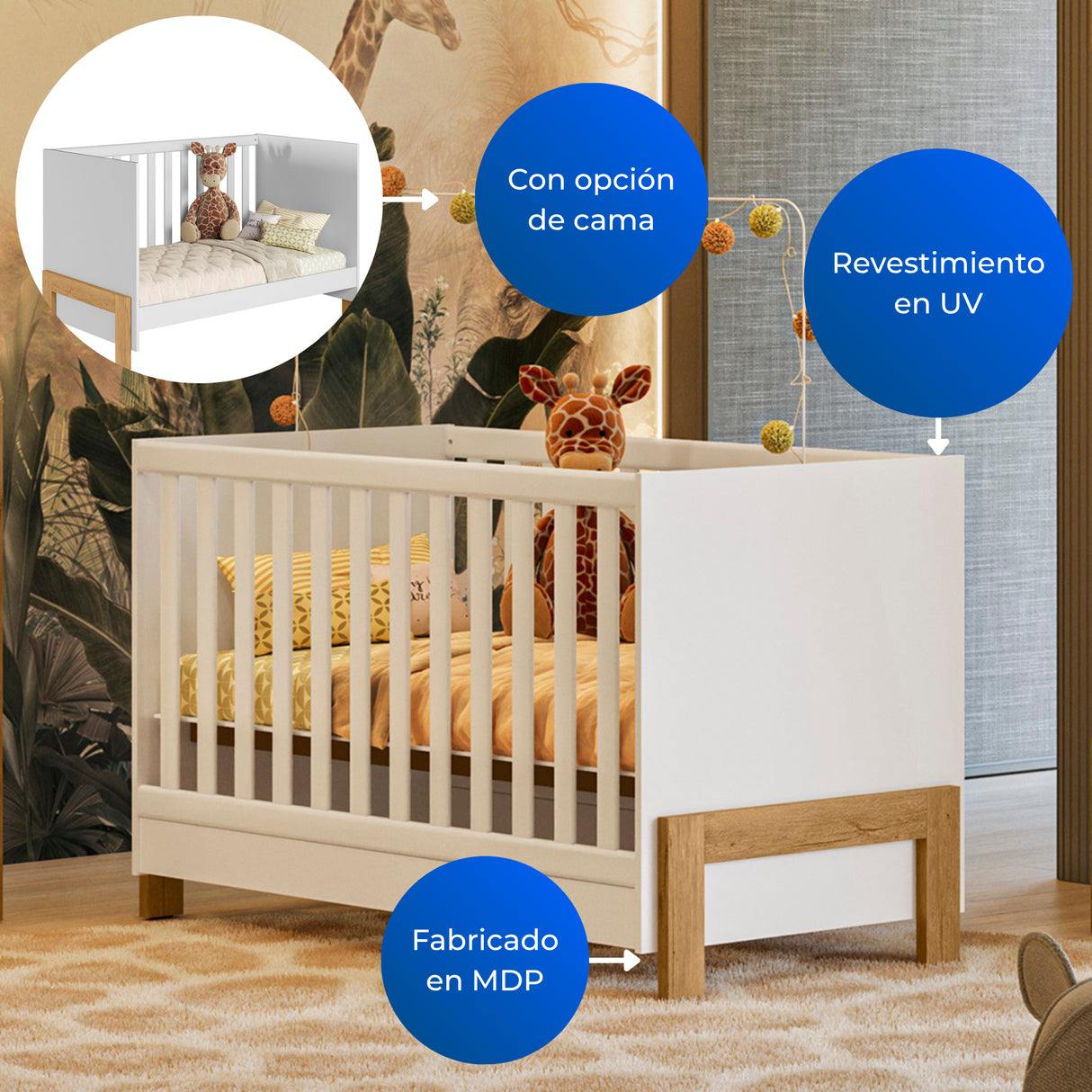 Cuna Fantasia Blanco y Almendra 74x85.5cm para Colchon Infantil 70 X 130 Cm