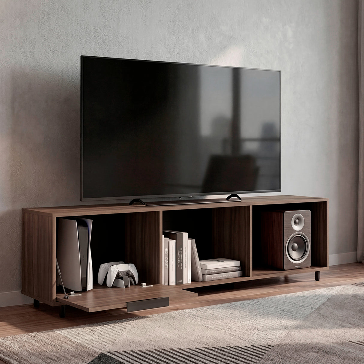 Rack de TV Dorne Avellana 162x41.1cm para TV Hasta 65" Pulgadas con Tres Compartimientos