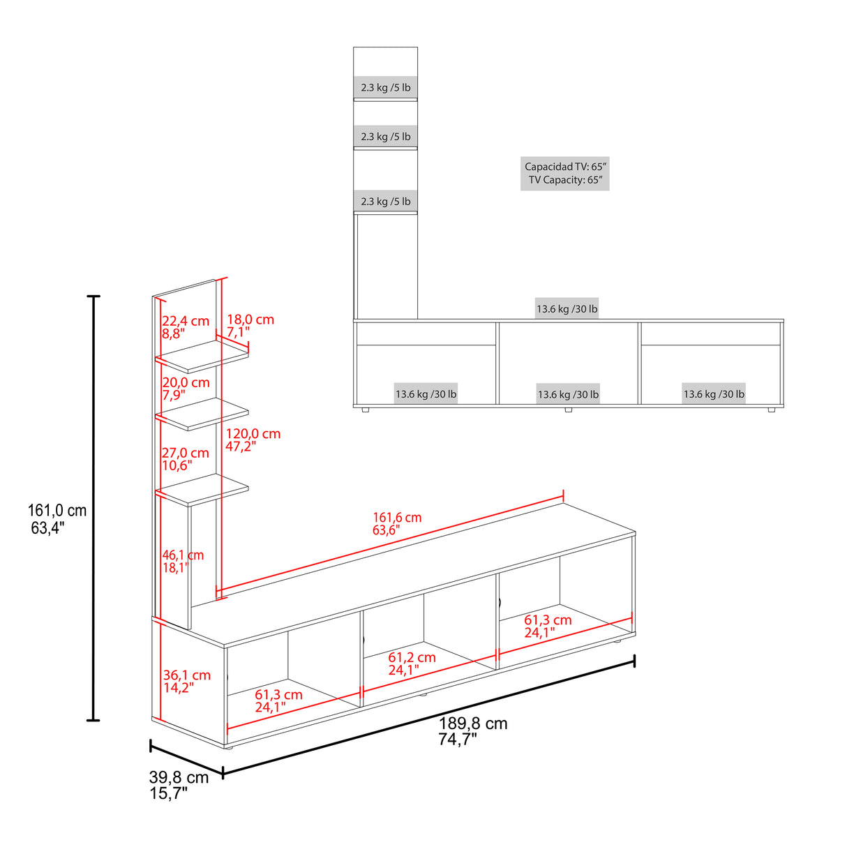 Centro de Entretenimiento Canarias Positano y Wengue 190x161cm para TV Hasta 65" Pulgadas con Tres Compartimientos