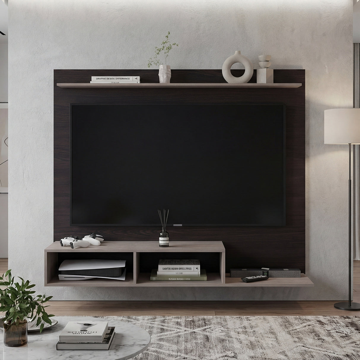 Panel de TV Munt Positano y Wengue 160x130cm para TV Hasta 70" Pulgadas con Dos Compartimientos