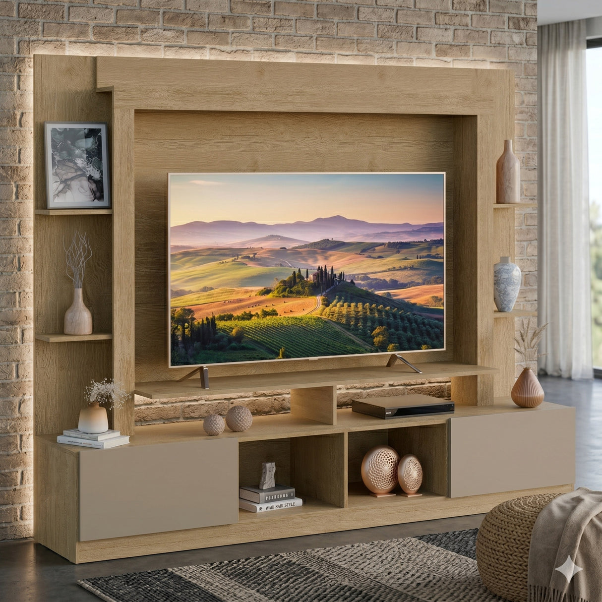 Centro de Entretenimiento Berlin Castaño 213x171cm para TV Hasta 60" Pulgadas con Cuatro Compartimientos