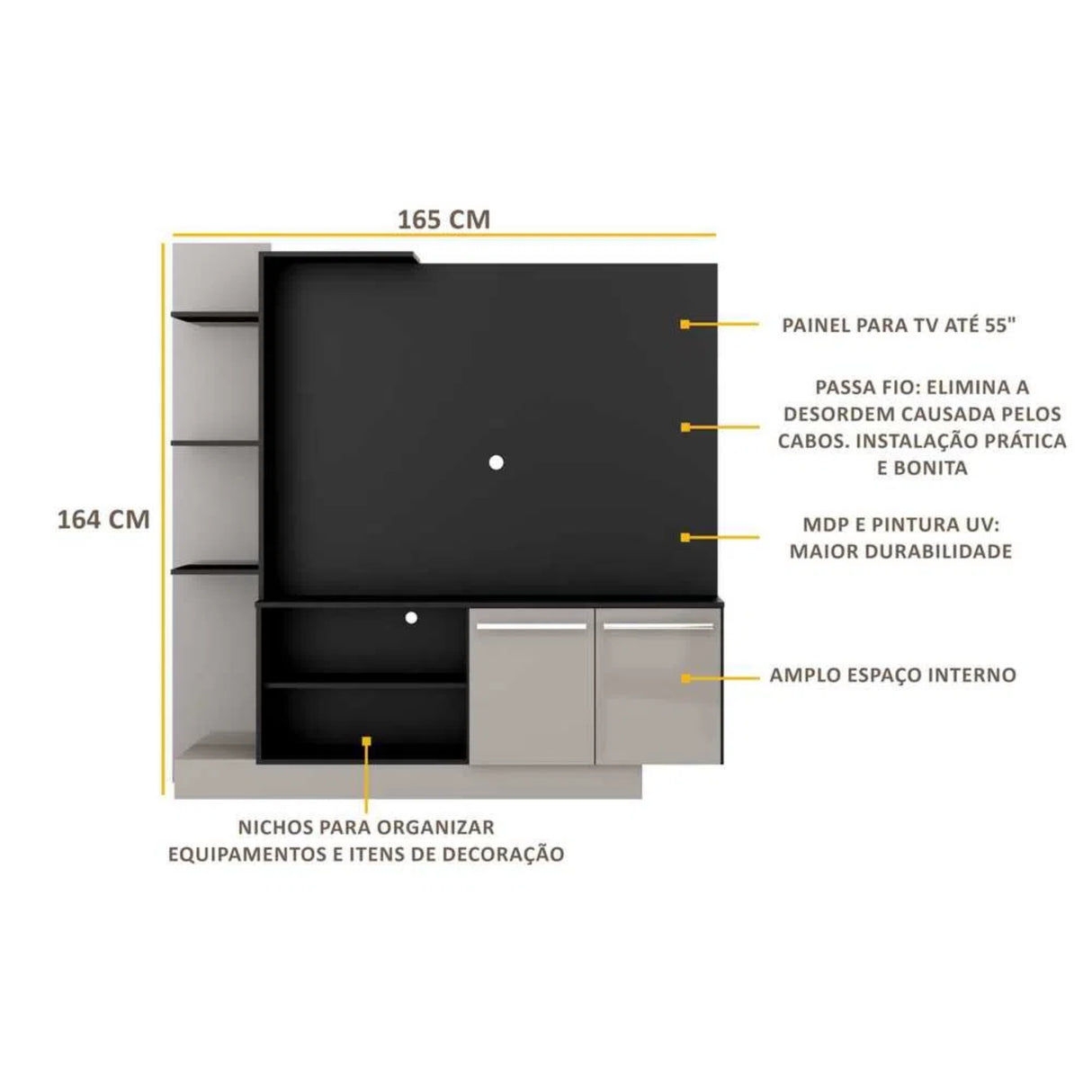 Centro de Entretenimiento Colon Negro 165x164cm para TV Hasta 50" Pulgadas con Tres Compartimientos