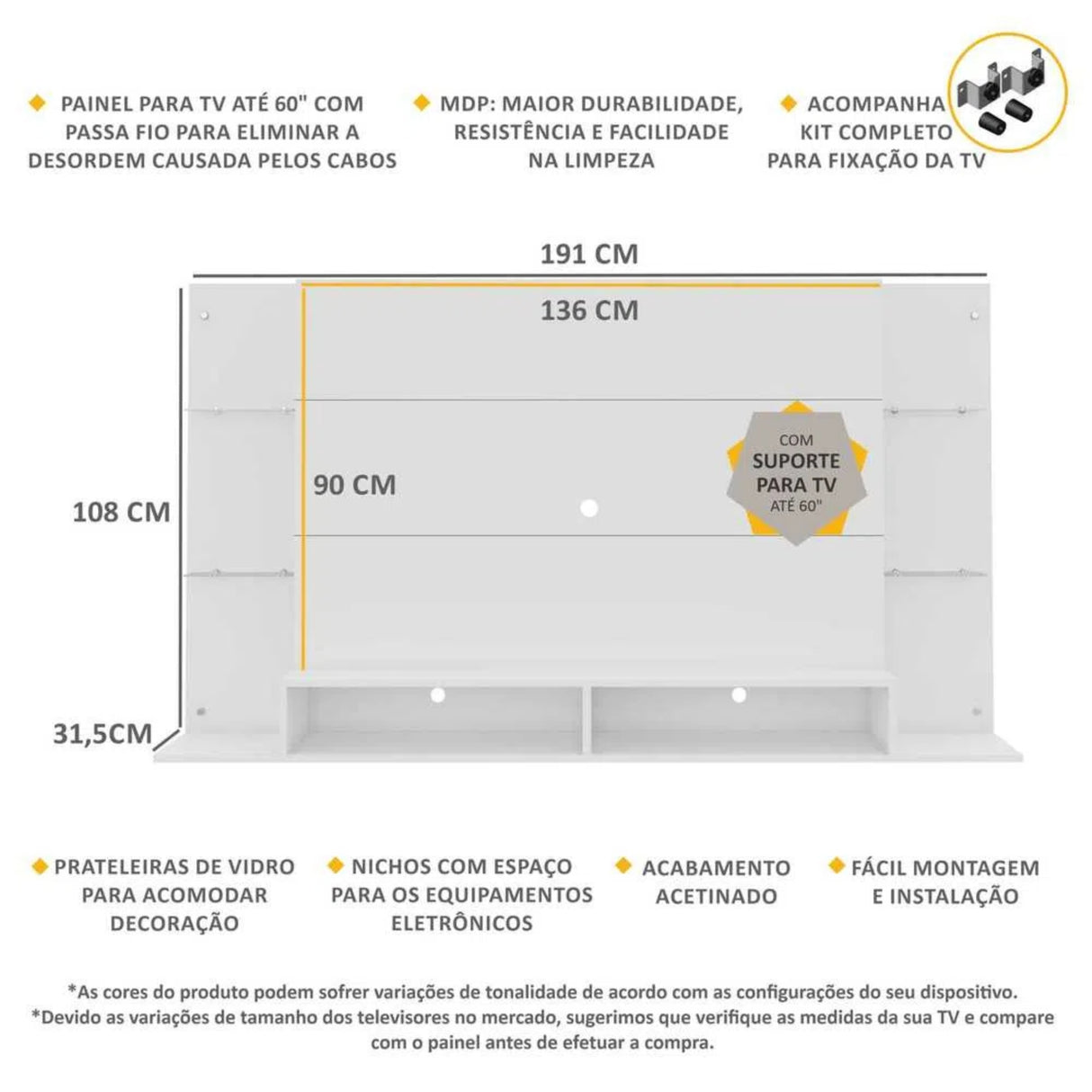 Panel de TV Braga Blanco 191x108cm para TV Hasta 55" Pulgadas con Dos Compartimientos