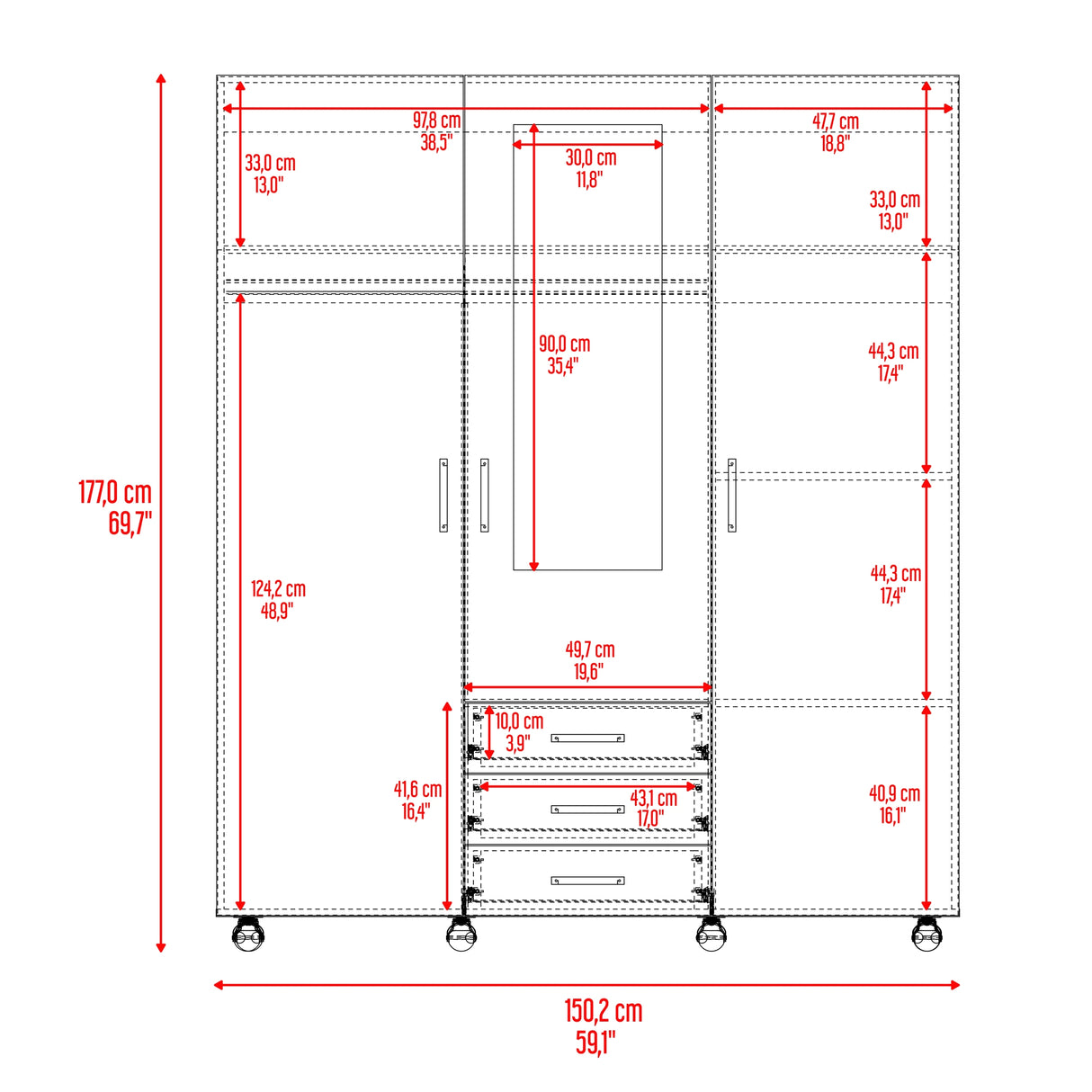 Closet Luciano Wengue 150.1x177cm con Tres Puertas y con Tres Cajones