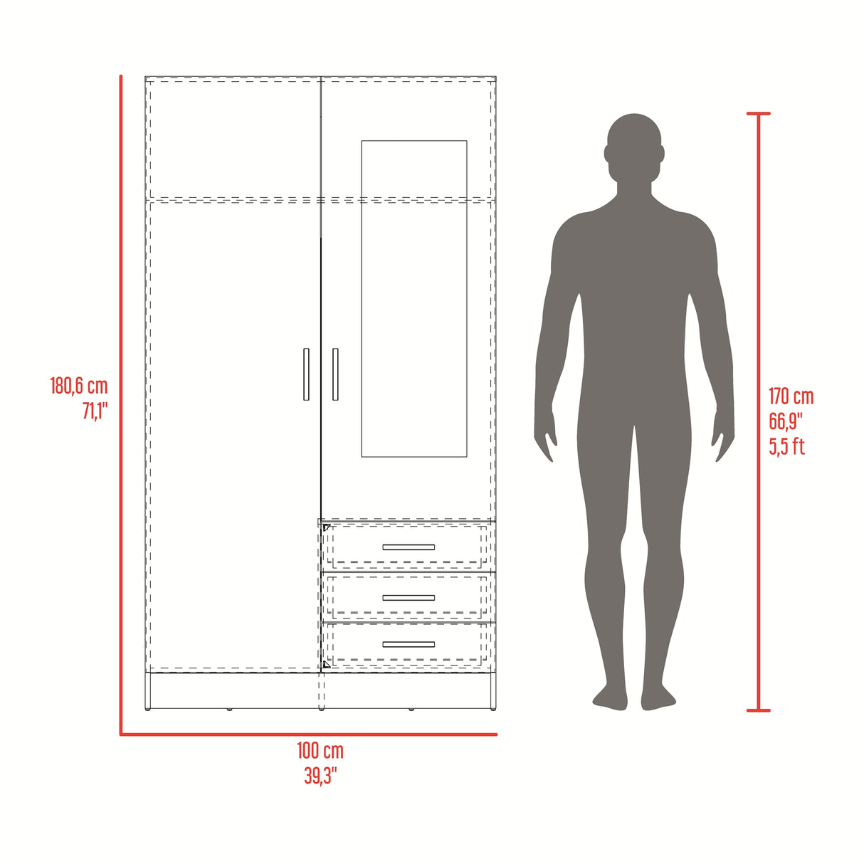 Closet Marfil Wengue 100x180.6cm con Dos Puertas y con Tres Cajones