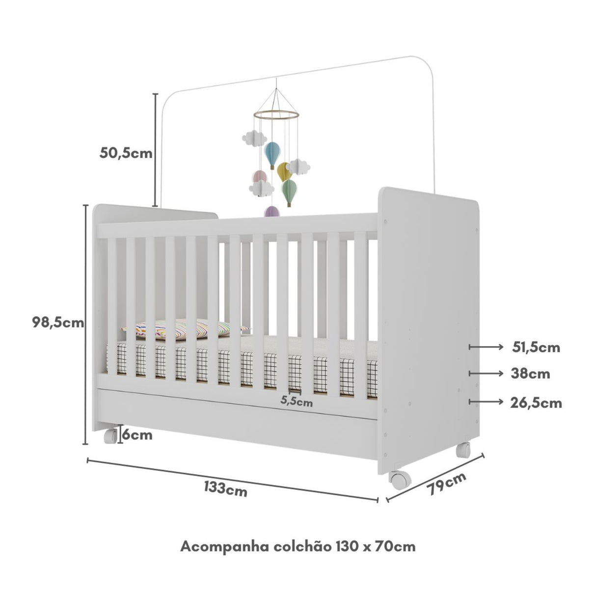 Cuna 3 en 1 Bunny Blanco 78x98cm para colchón Infantil 70 X 130 Cm con Cabecero y con Colchón